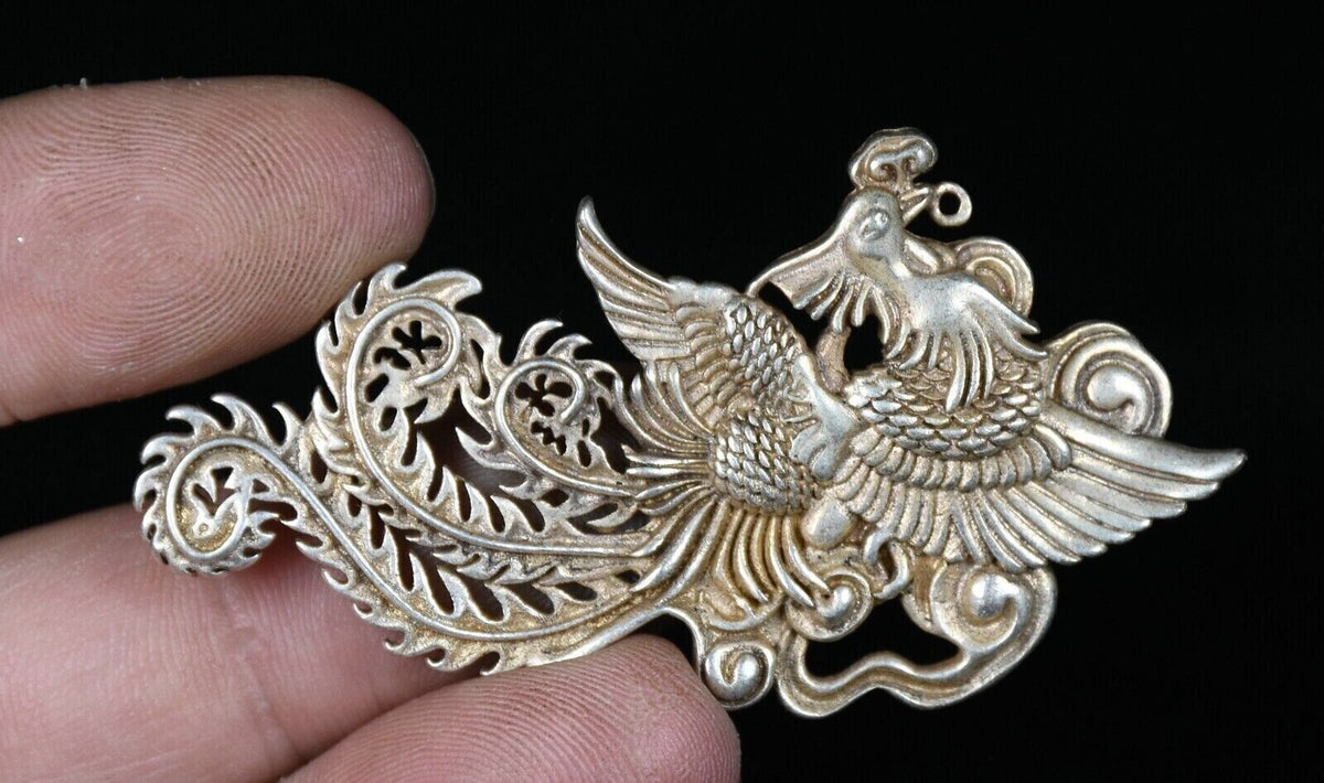 6.5CM Old Chinese Miao Silver Feng Shui Phoenix God Bird Luck Amulet Pendant