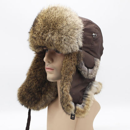 Men Bomber Hats Natural Real Rabbit Fur Outdoor Windproof Super Warm Cap 55-62cm