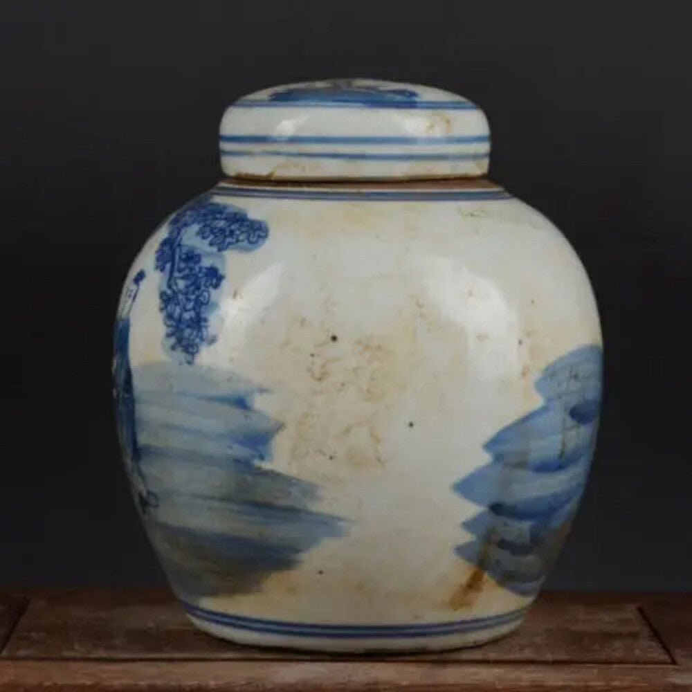 6.3" Chinese Blue and White Porcelain Jar Qing Kylin Kid Design Pot Tea Caddy