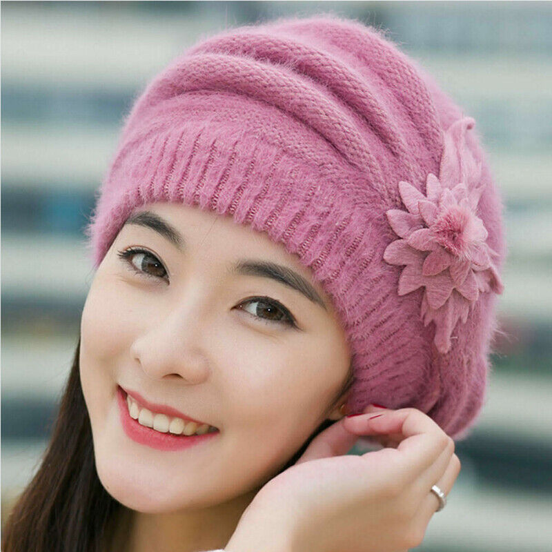Women Winter Warm Baggy Beanie Beret Knit Flower Crochet Hat Casual Cap Gifts