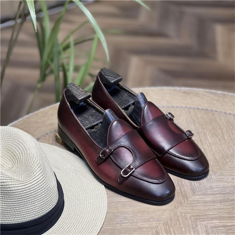 Men Loafers Leather Round Toe Low Heel Double Buckle Business Dress Shoes