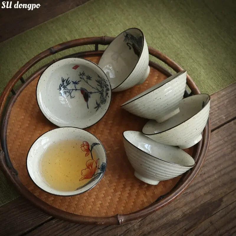 Retro Chinese Bamboo Antique Ceramic Underglaze Tea Bowl Kungfu Tea Set Tea