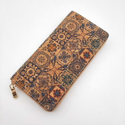Tile Pattern Print Natural Cork Wallet Leather Long Purse Zipper Card Holder 1PC