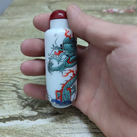 Chinese Peking Glass Snuff Bottle Painting Dragon Sculpture Statue Awesome Rare