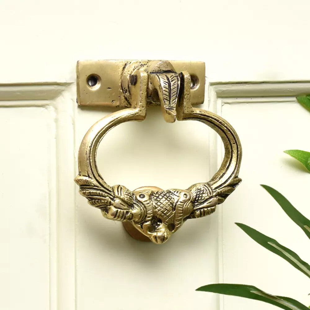 Antique Look Brass Elephant Trunk Up Peacock Door Knocker Door Bell Home Decor