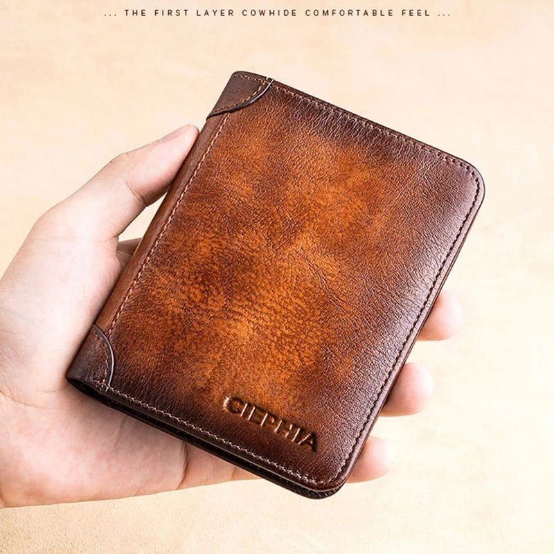 Genuine Leather Rfid Protection Wallets Vintage Thin Short Card Holder Money Bag