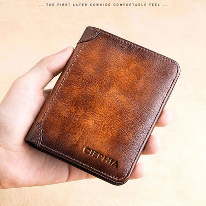 Genuine Leather Rfid Protection Wallets Vintage Thin Short Card Holder Money Bag