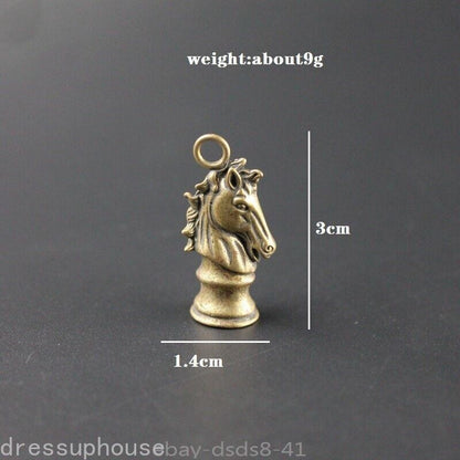 Solid Brass Chess Knight Keychain Hanging Horse Head Jewelry Tea Pet Miniature