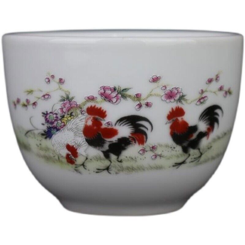Chinese Famille Rose Porcelain Qing Qianlong Cocks Design Teacup Cup 2.9 inch