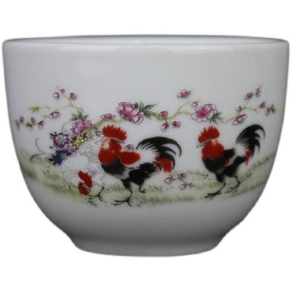 Chinese Famille Rose Porcelain Qing Qianlong Cocks Design Teacup Cup 2.9 inch