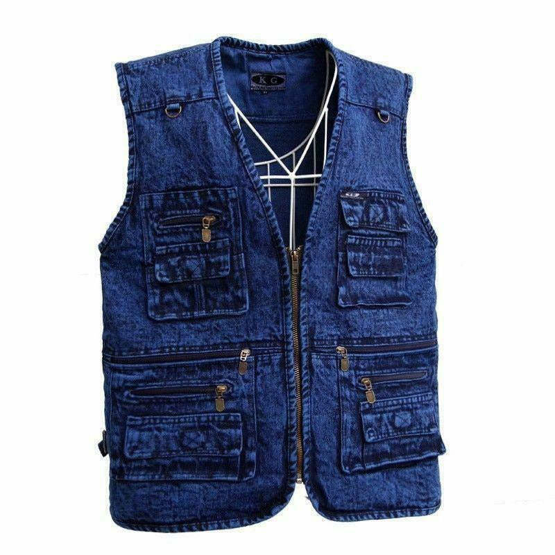 New Men Sleeveless Multipockets Denim Waistcoat Fishing Vest Gilet Tops V Neck @