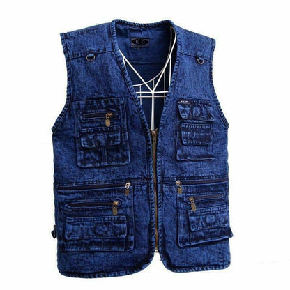 New Men Sleeveless Multipockets Denim Waistcoat Fishing Vest Gilet Tops V Neck @