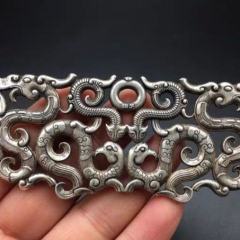 Retro White Copper Silver Plated Hollow Double Dragon Pendant Carved Decor