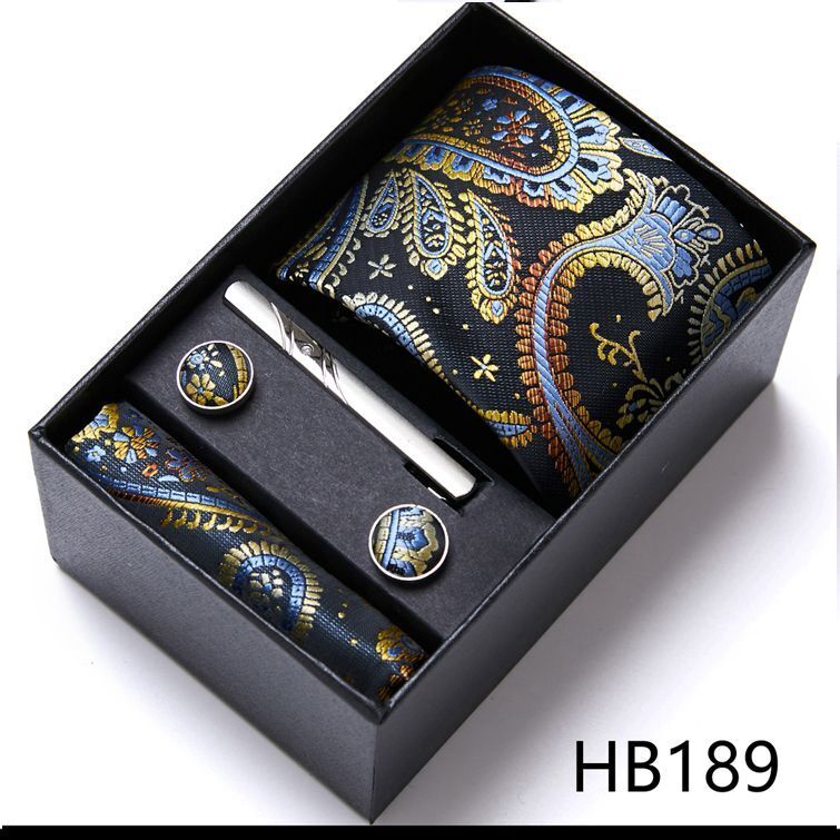 Men Neckties 5Pcs Business Ties Hanky Cufflink Set Clips Corbatas Gift Box 7.5cm