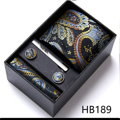 Men Neckties 5Pcs Business Ties Hanky Cufflink Set Clips Corbatas Gift Box 7.5cm