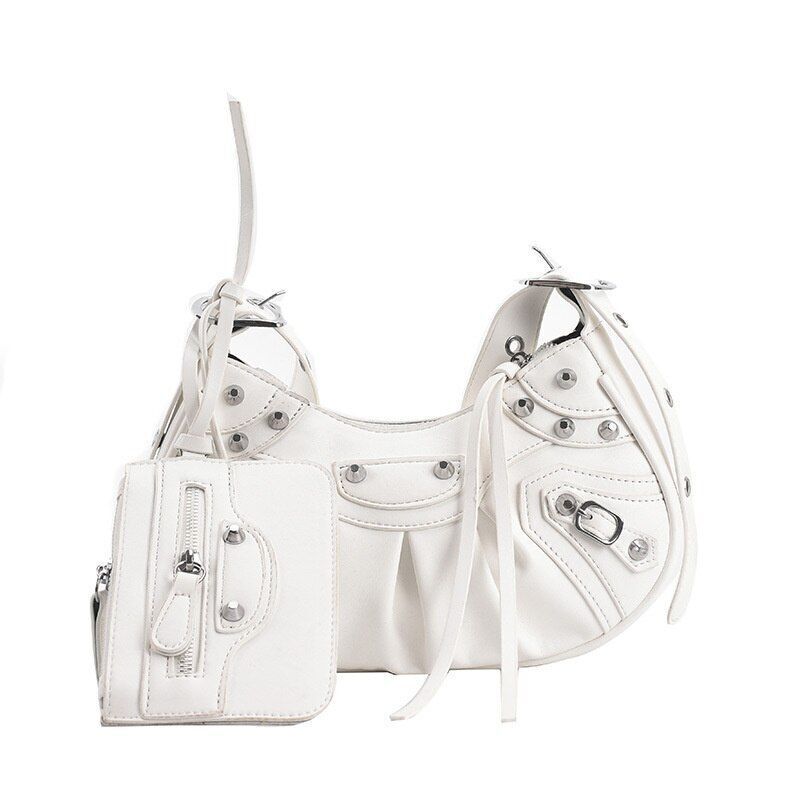 Shoulder Bag Handbag Pleated Rivet Fashion Underarm Bag Motorcycle Bag Polyester