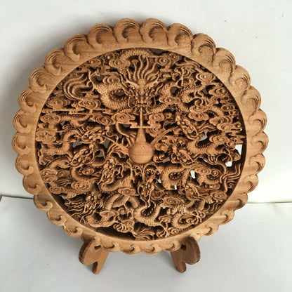 Hand Carved Camphor Wood Round Plate Wall Sculpture Dragon Statue