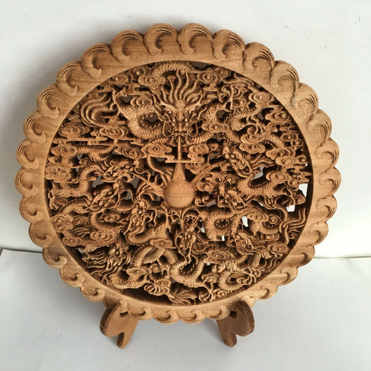Hand Carved Camphor Wood Round Plate Wall Sculpture Dragon Statue
