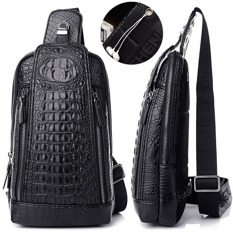 Mens Crocodile Leather Sling Bag Chest Shoulder Daypack Waterproof Crossbody Bag