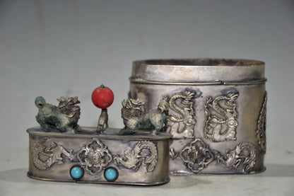Silver-Plated Copper Dragon Phoenix Qilin Box 8cm Turquoise Inlay