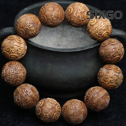 20mm Chinese Retro Natural Sandalwood Handmade Carving Beaded Bracelet