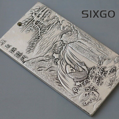 Old Thangka Tibetan Tibet Silver Fish Dragon Door Amulet Plate
