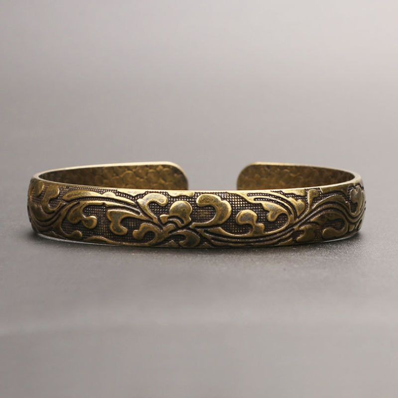 Vintage Brass Floral Engraved Cuff Bracelet Open Bangle