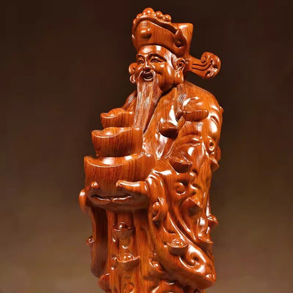 8" Chinese Hua Li Wood Carved God of Wealth Statue Feng Shui Home Decor
