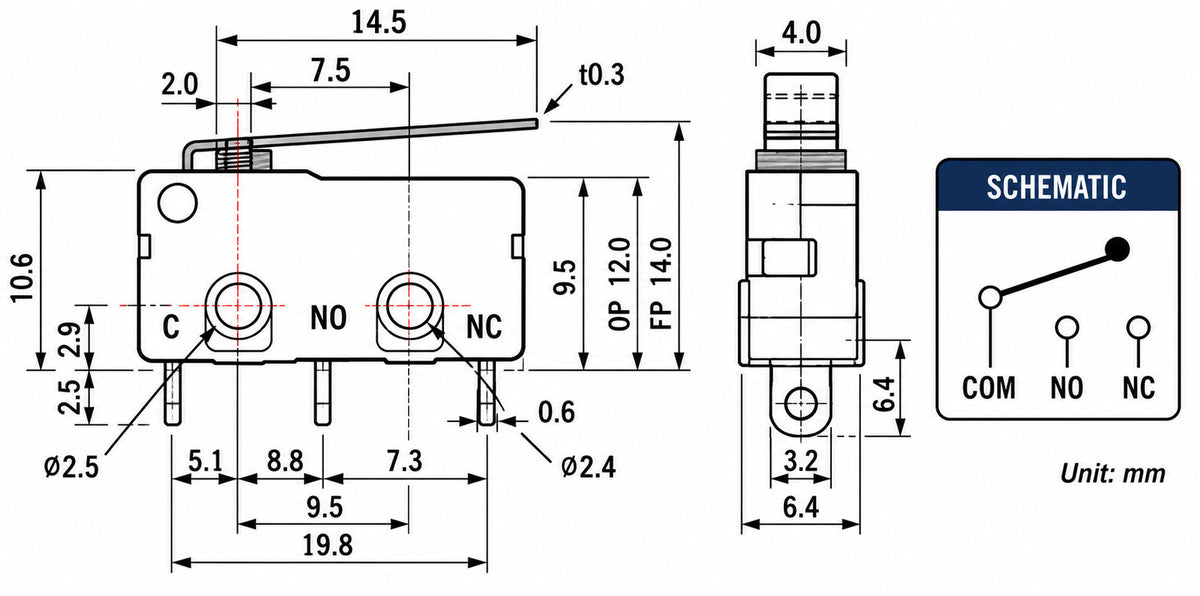 Micro Limit/Snap Switch, SPDT, 5A @ 250V AC, Solder Leads - 10 Pack