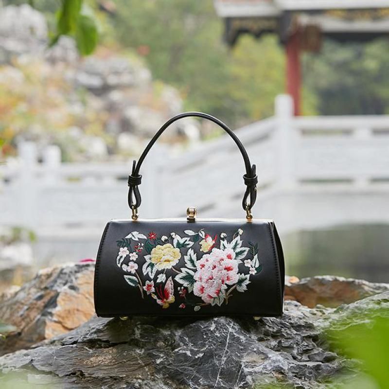 Embroidery Shoulder Bag Retro Synthetic Leather Floral Small Purse 23*12*11.5 CM