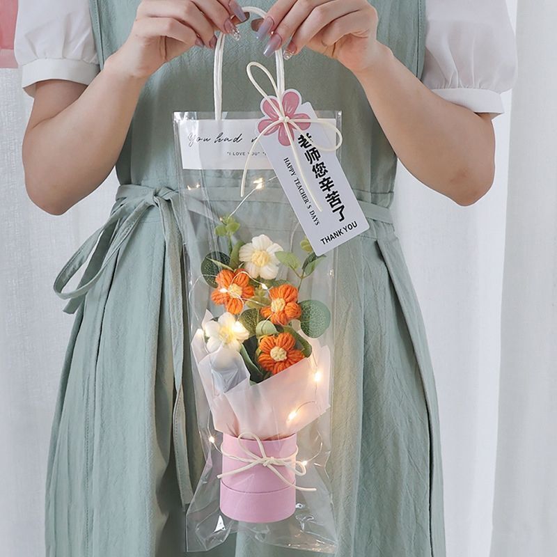 Crochet Flowers Bouquet Milk Cotton Hand-Knitted LED Light Gift Bag Floral Decor