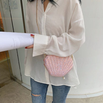 Small Sequins Shell Shape Chain Bag Shoulder Purse Cute Crossbody Bag 19*17*7CM