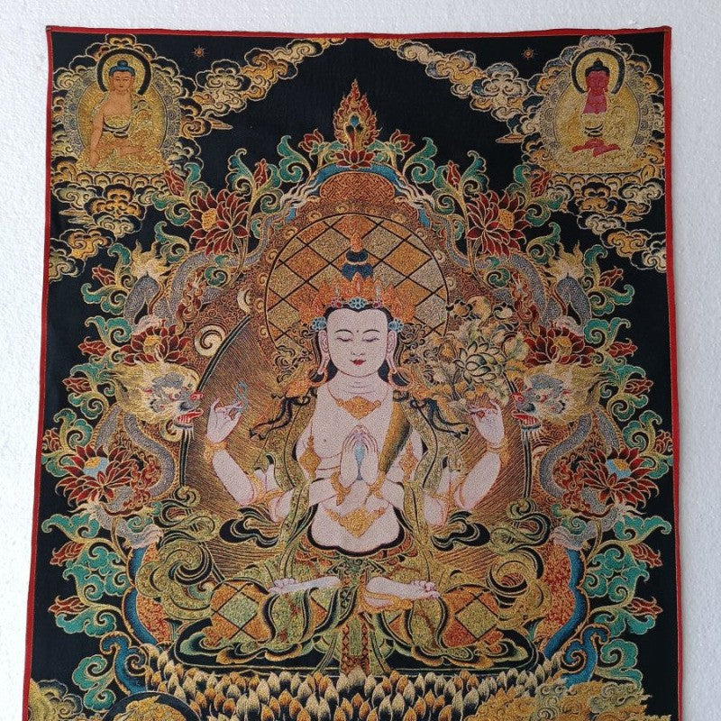 New Handmade Embroidery Four Arms Guanyin Bodhisattva Buddha Statue Painting
