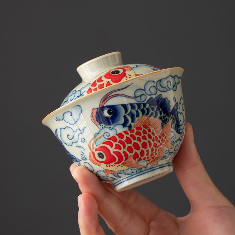 Traditional Chinese Style Koi Fish Gaiwan 120ml Three-Piece Tea Bowl