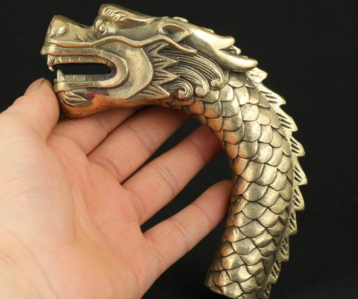 CHINESE OLD COPPER HAND CARVED FEROCITY DRAGON STATUE WALKING STICK HEAD
