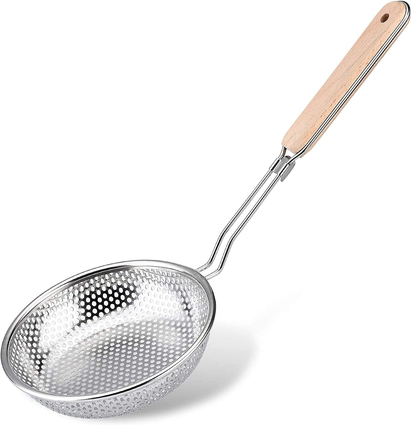 Stainless Steel Skimmer Strainer with Wooden Handle Pasta Noodle Net Kitchen