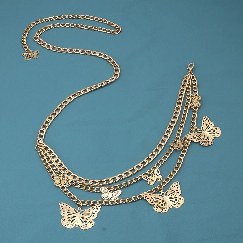 Women Belt Metal Shiny Silver Gold Butterfly Fashion Hollow Chain Thin Waistband