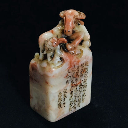 Chinese Natural Shoushan Stone Carved Statue Animal Seal Figurine Collection Art