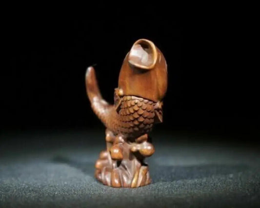 Boxwood Hand Carved Fish Figure Statue Collectable Figurines