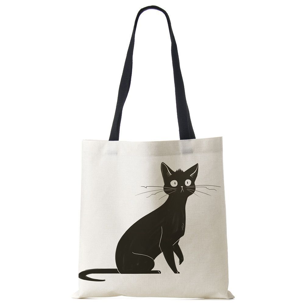Tote Bags Black Cat Printed Linen Fabric Eco Handbag Shopping Reusable Shoulder