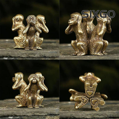Combination Pure Brass Solid Figures "Three Wise Monkeys" Hear See Speak No Evil