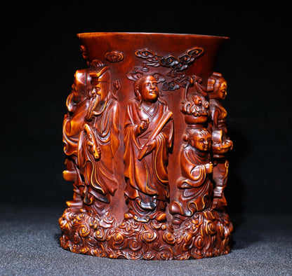 5.1" Chinese Natural Boxwood Hand Carved Eight Immortals Character Brush Pot