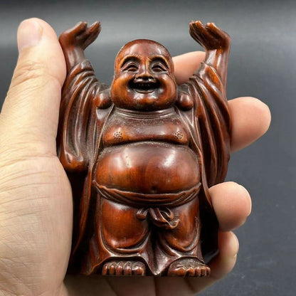 Chinese Vintage Boxwood Carving Laughing Buddha Statue Wooden Figurine Artwork