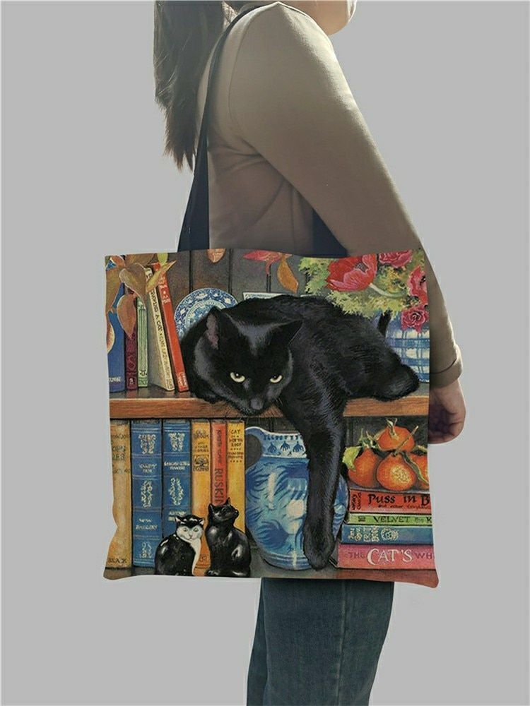 Cat Print Tote Bag Linen Reusable Shopping Bag Oil Painting Shoulder Shopper Bag