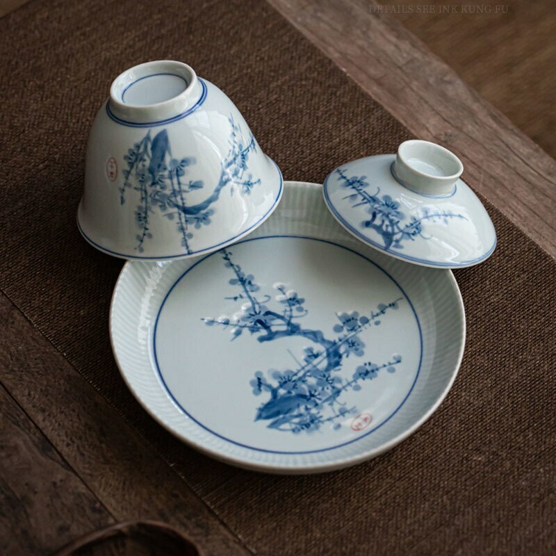 160ml Hand Painted Tureen Blue White Porcelain Gaiwan Cup Bowl Kung Fu Tea Set