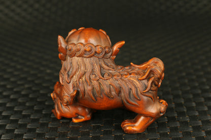 Chinese Wood Boxwood Carving Fengshui Foo Fu Dog Guardion Door Lion Pair Statue