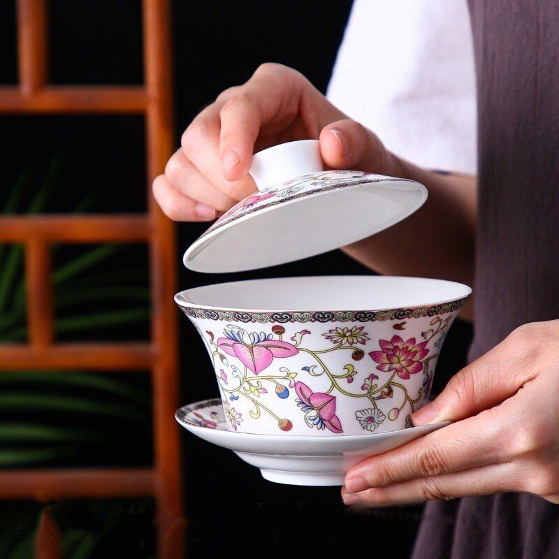 Luxurious Porcelain Ceramic Gaiwans Flower Designed Tea Cups And Saucers Set New