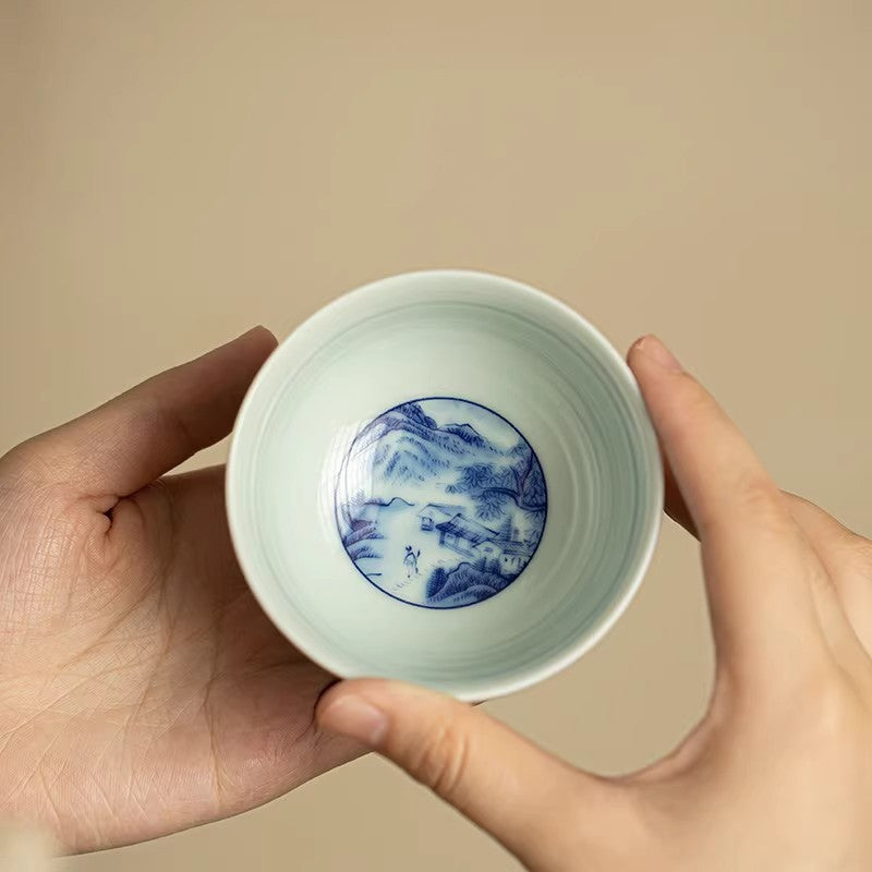 120Ml Jingdezhen Blue White Porcelain Mountains Waters Master's Cup Tea Set