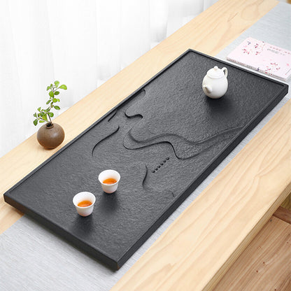 China Black Stone Tea Tray Engraved Serving Tray Water Draining Tea Boat Heavy