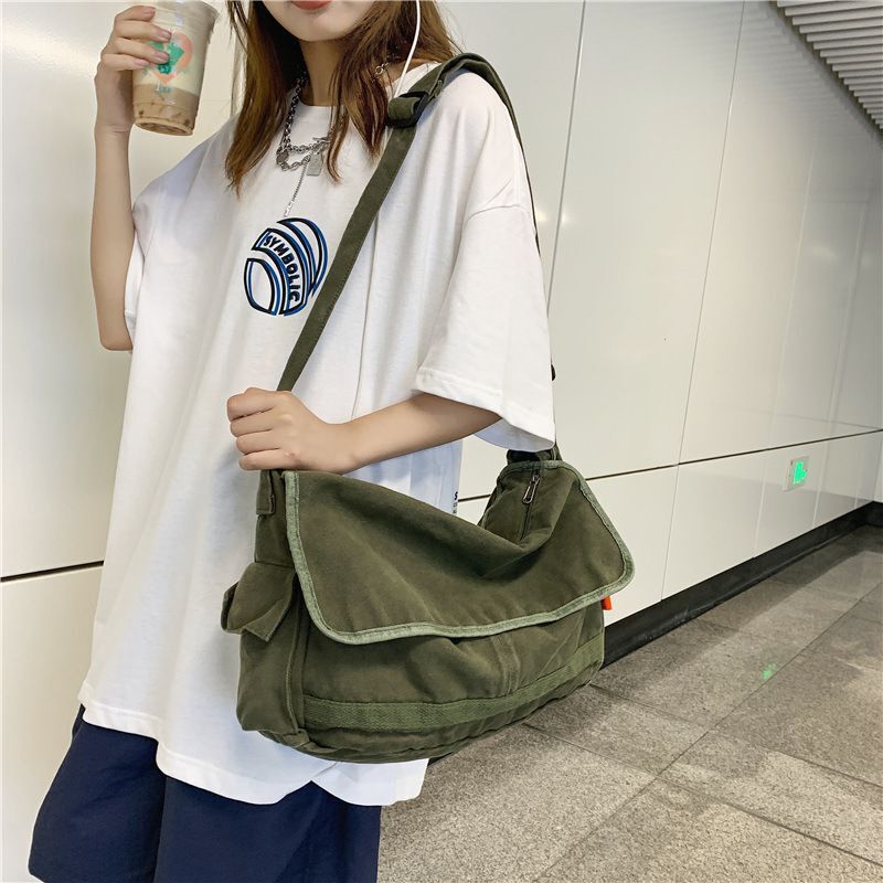 100% Cotton Teenager Canvas Big Shoulder Bag Multi-pockets Messenger 38*26*12 CM